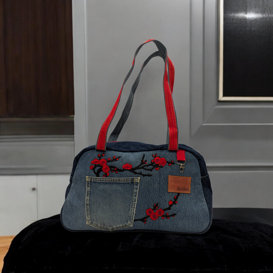 Denim Bag "Red flowers" Small size